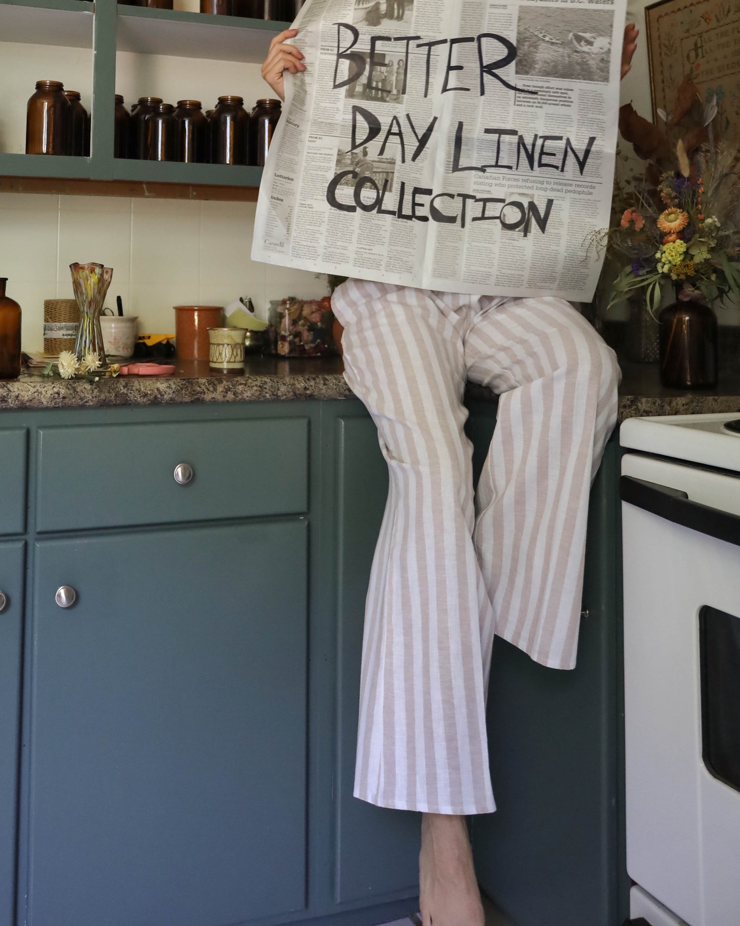 Striped Linen Lounge Pants - White and Beige (size L)