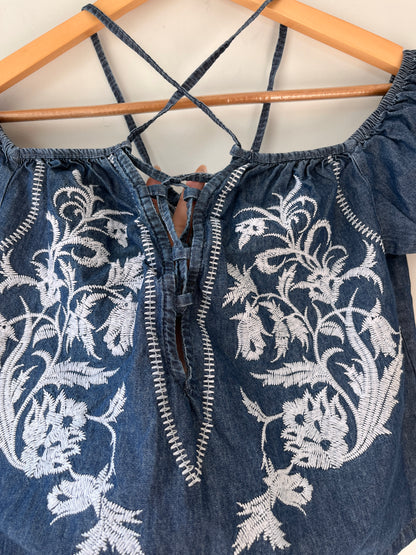 Off Shoulder Strappy Denim Embroidered Blouse