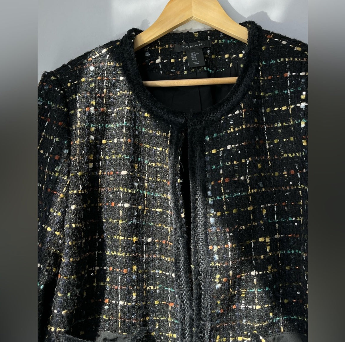 Tahari Black Collarless Tweed Blazer