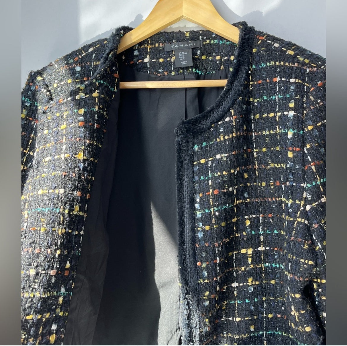 Tahari Black Collarless Tweed Blazer