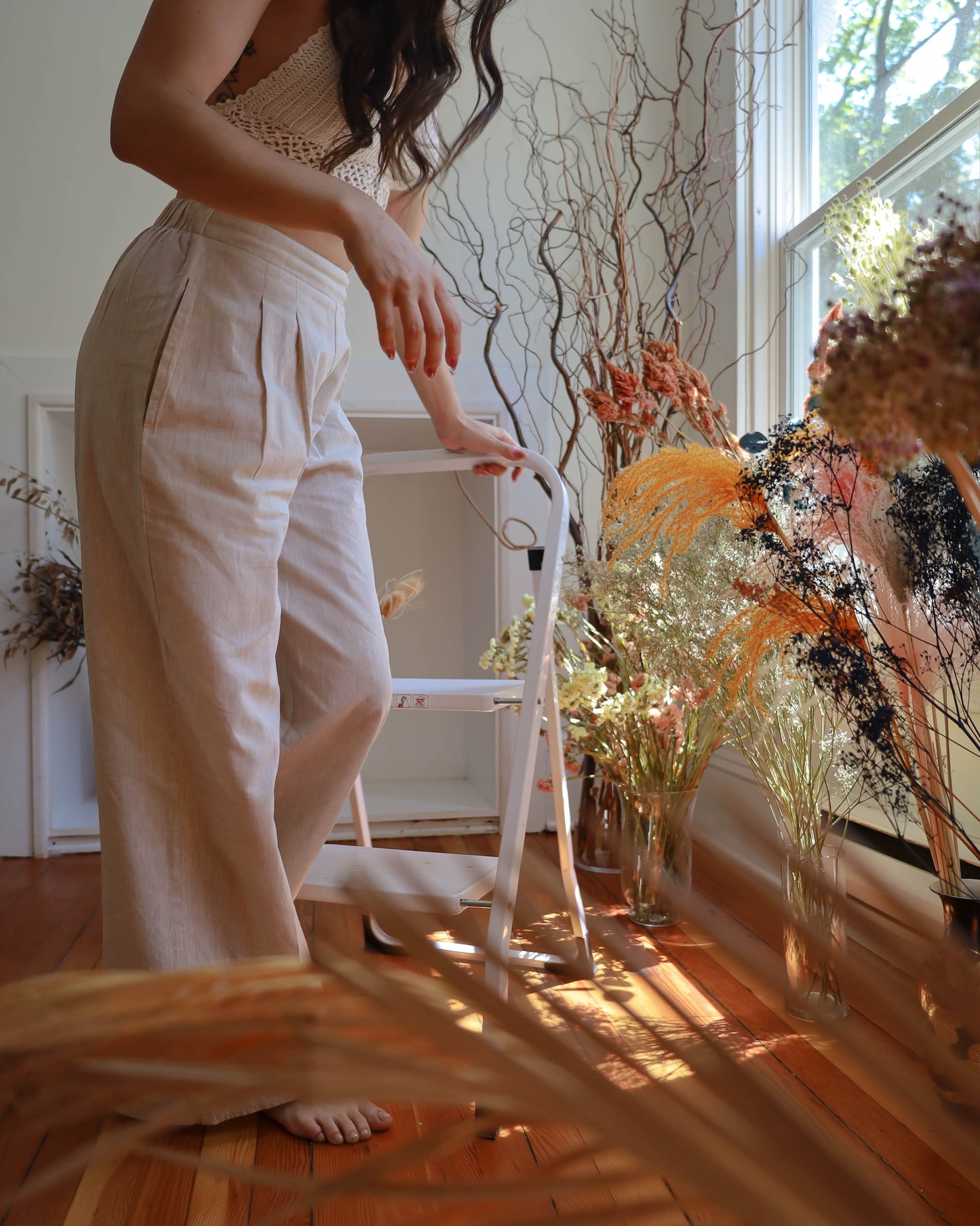 Wide Leg Linen Pants - Beige