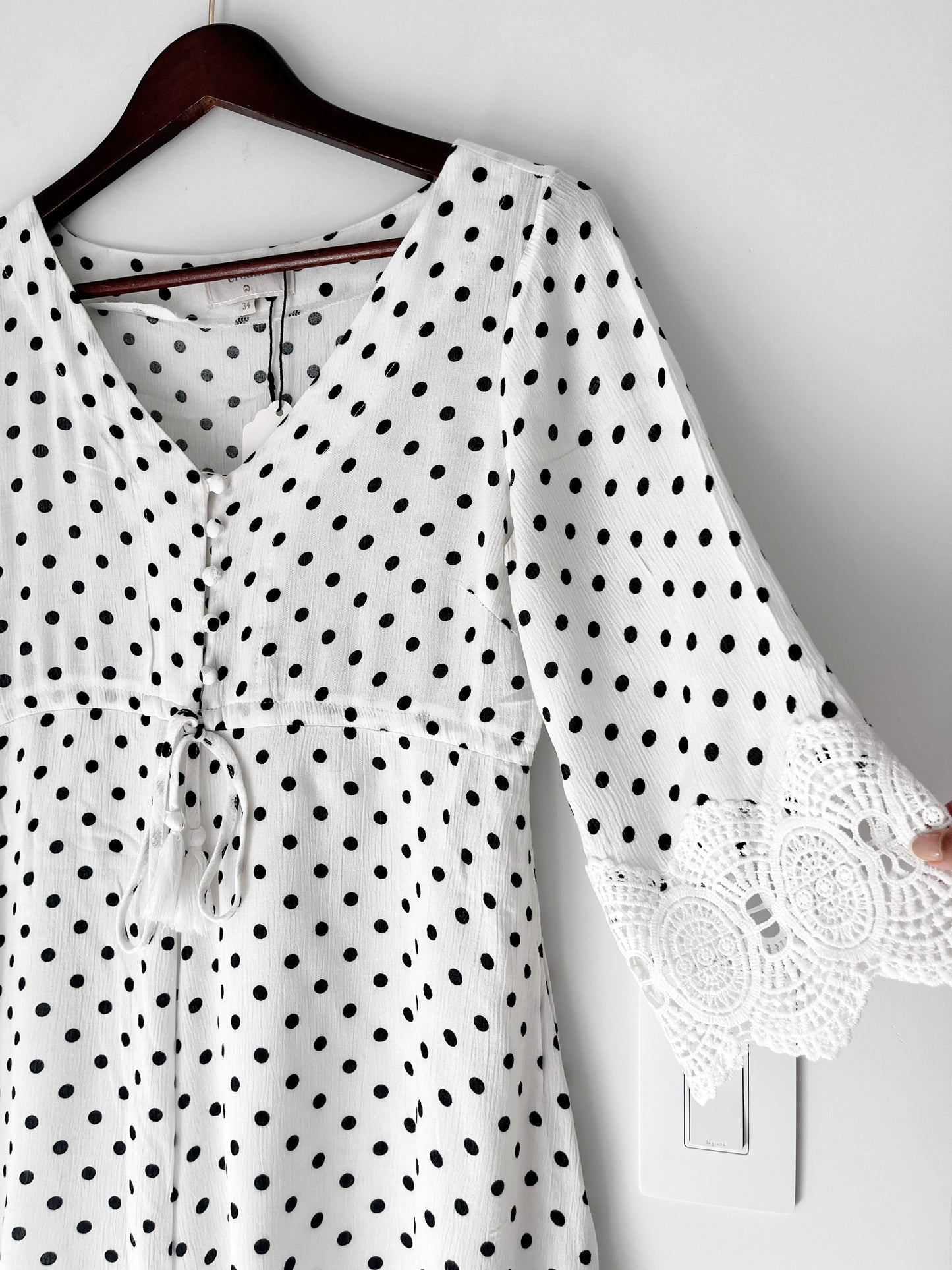 Cream White & Black Polkadot Dress Lace trim