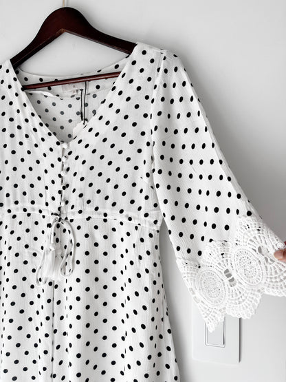 Cream White & Black Polkadot Dress Lace trim