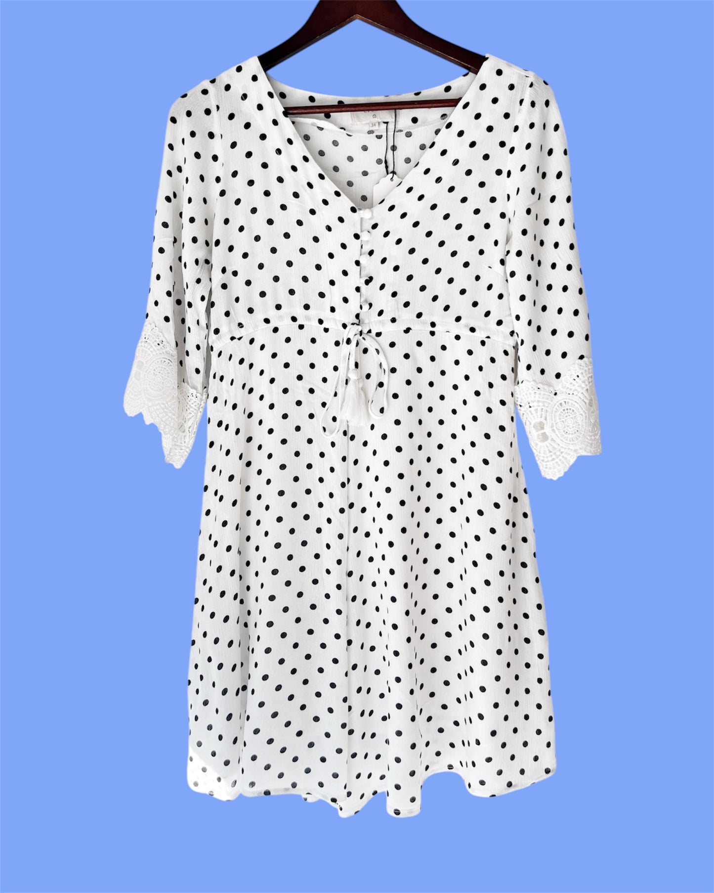 Cream White & Black Polkadot Dress Lace trim
