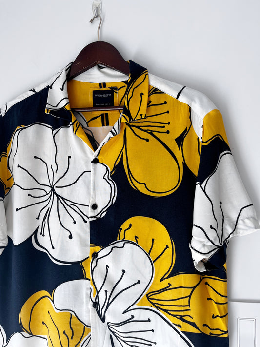 Denim and Flower Floral Motif Shirt - Men’s Large