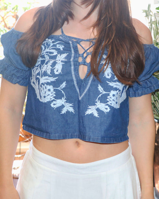 Off Shoulder Strappy Denim Embroidered Blouse