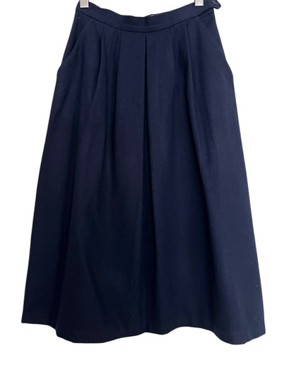 Vintage Pleated Worsted Wool Midi Skirt with Pockets - Navy