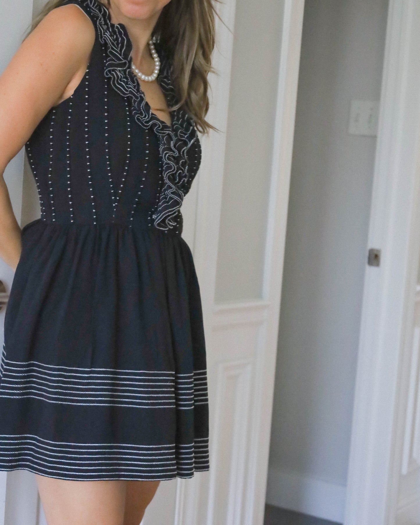 Kate Spade Black & White Silk Ruffle A Line Dress