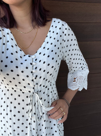 Cream White & Black Polkadot Dress Lace trim