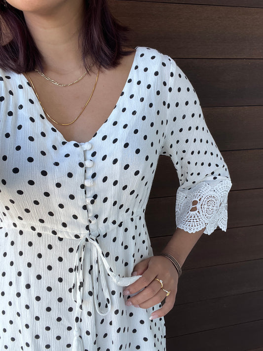 Cream White & Black Polkadot Dress Lace trim