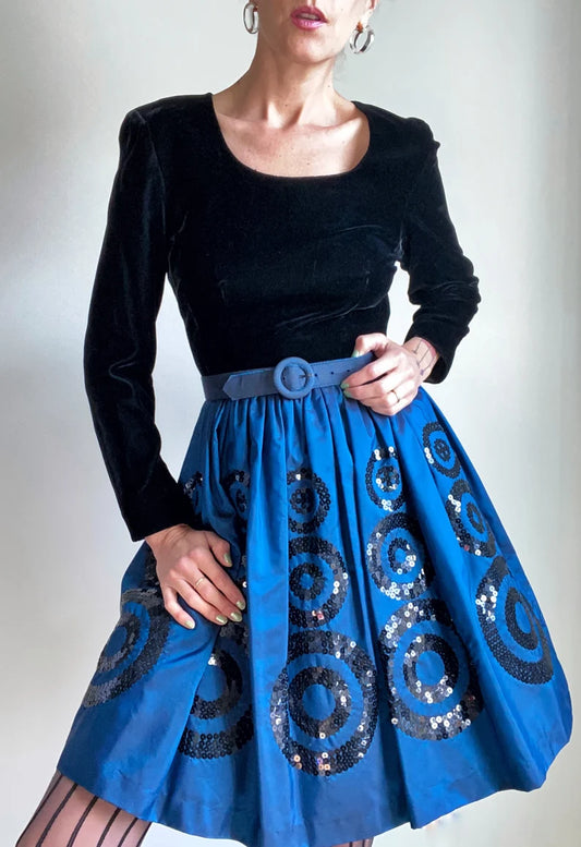 Vintage Liz Clairborne Parth Dress with Sequine Taffeta Skirt and Matching Belt