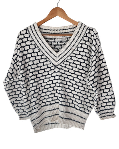 Vintage Eaton White Navy V-neck Jumper