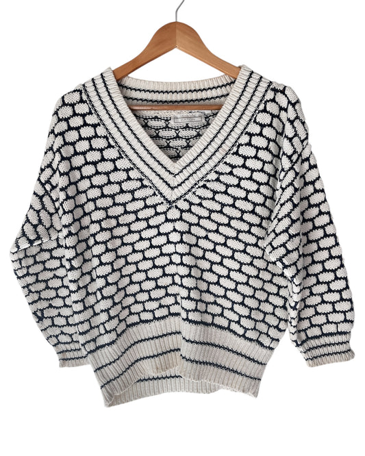 Vintage Eaton White Navy V-neck Jumper