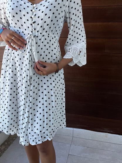Cream White & Black Polkadot Dress Lace trim