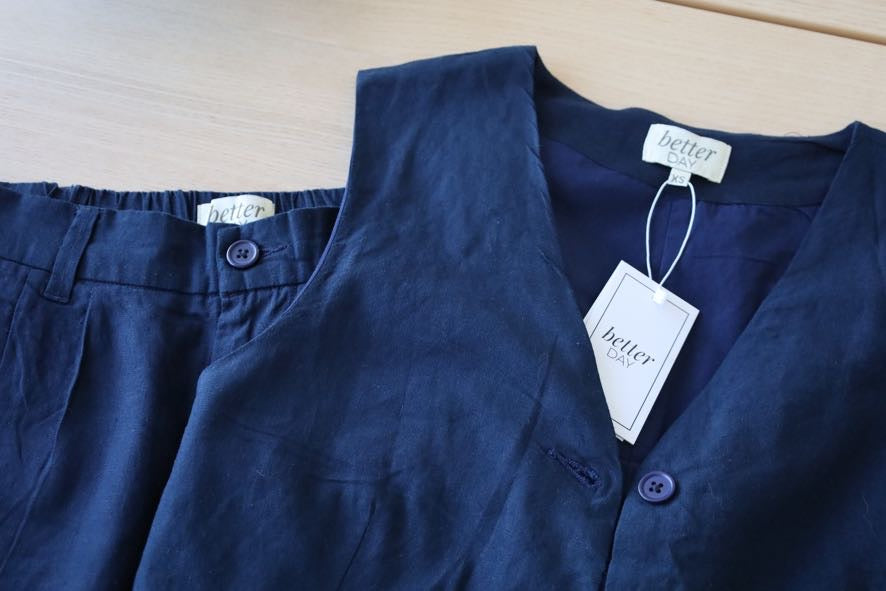 Blue blazer with tags on a wooden surface