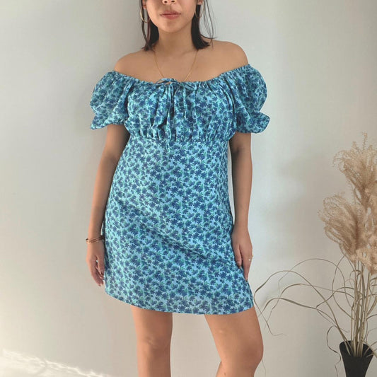 Blue Floral Babydoll Mini Bust Dress