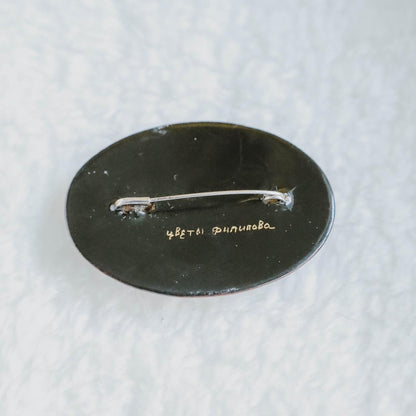 Hand Painted Black Lacquer Floral Brooch