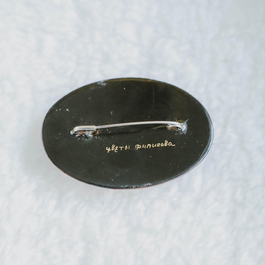 Hand Painted Black Lacquer Floral Brooch