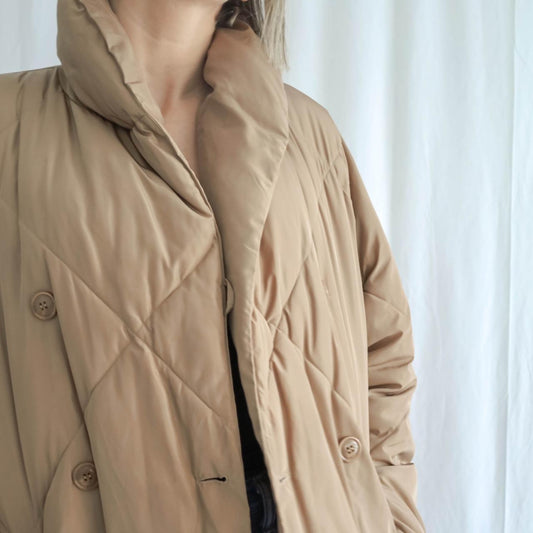Tribal Long Quilted Puffer Coat in Gold/Camel