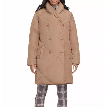 Tribal Long Quilted Puffer Coat in Gold/Camel