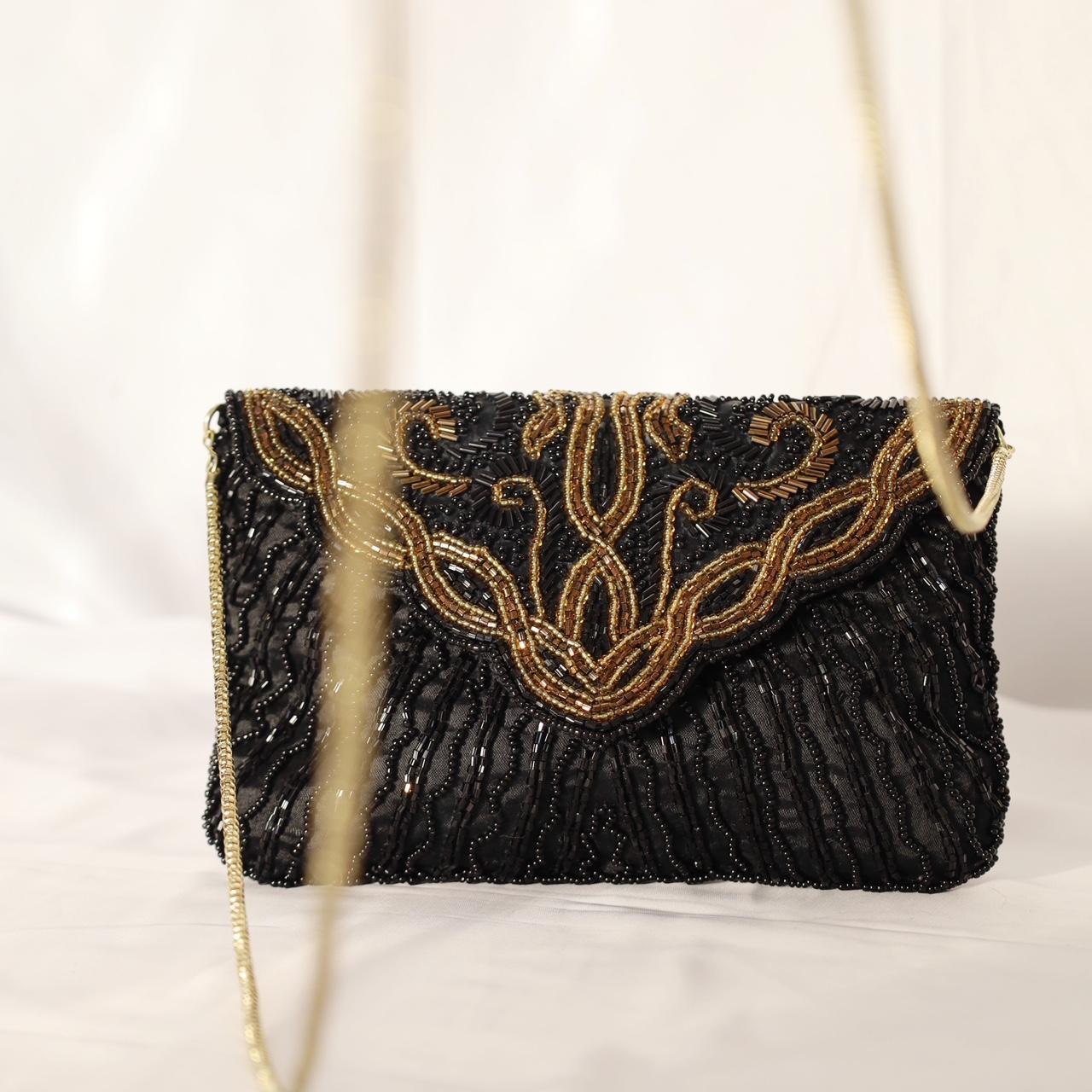 Black & Gold Beaded Evening Bag with Gold Strap Vintage