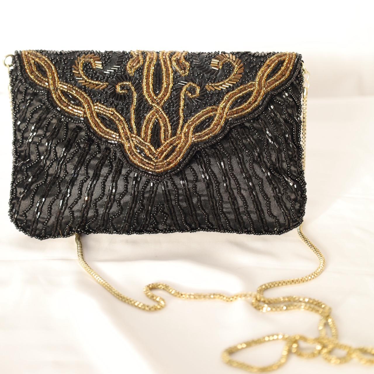 Black & Gold Beaded Evening Bag with Gold Strap Vintage