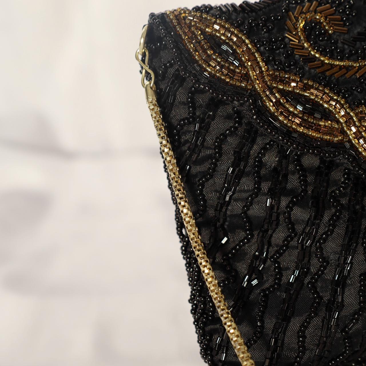 Black & Gold Beaded Evening Bag with Gold Strap Vintage