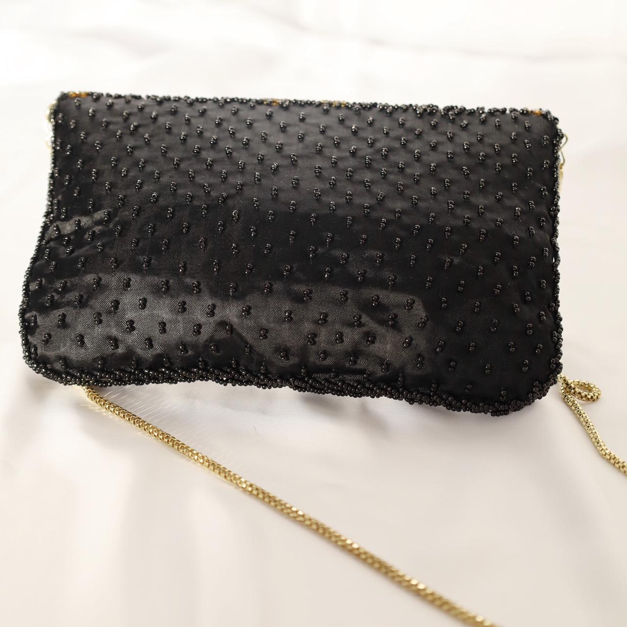Black & Gold Beaded Evening Bag with Gold Strap Vintage