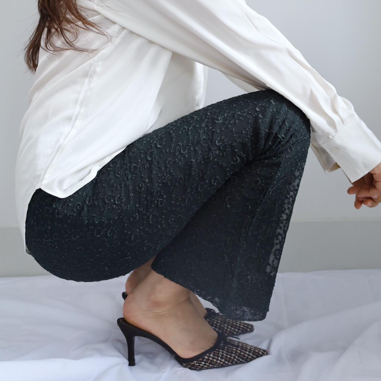 Embroidered Slim Flare Leg Trousers - Black