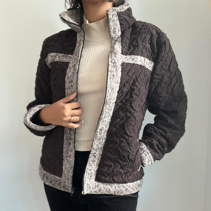 Vintage Textured Shearling Jacket with Faux Fur Leopard Print
