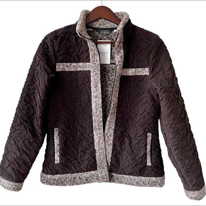 Vintage Textured Shearling Jacket with Faux Fur Leopard Print