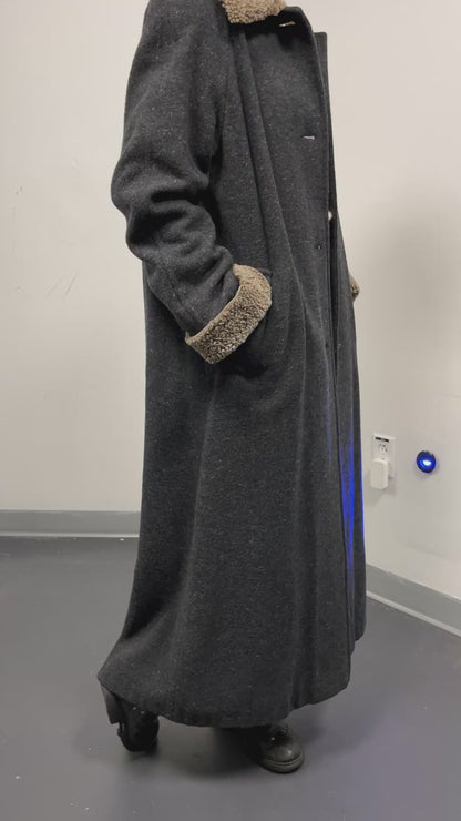 Jones New York Full Length Overcoat - Gray with Sherpa Collar + Pockets